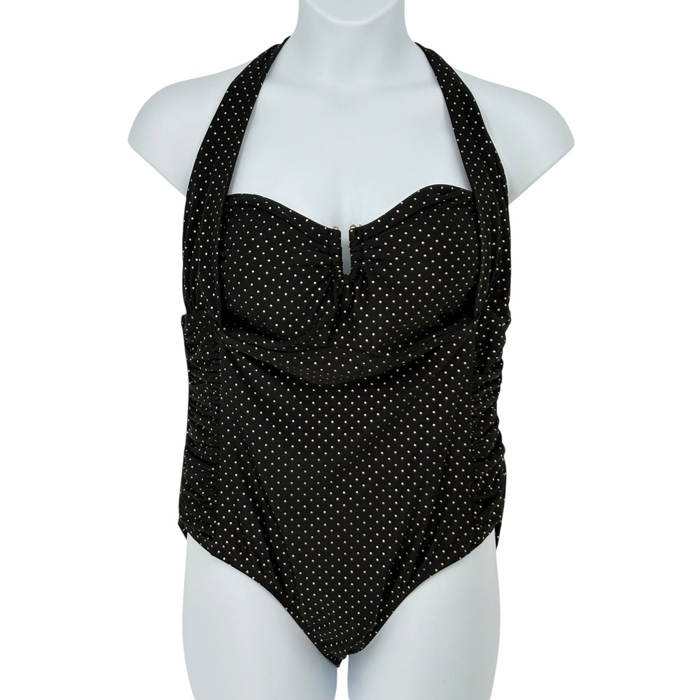 Pure‎ Energy One Piece Swimsuit Black Gold Polka Dot Halter Ruched 20W
